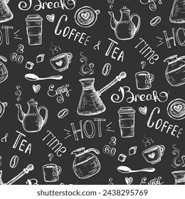 Coffee and tea, doodle seamless pattern. Hand drawing monochrome texture. Different cups, tea mugs and coffee pots on black background. Morning drinks, break time. Coffee to go. Vector illustration