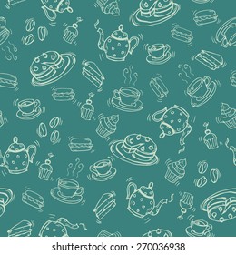 Coffee and tea doodle seamless pattern. Endless Background.