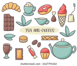 Coffee and tea doodle set isolated vector illustration. Collection tea party attributes hand drawn. Sweets, chocolate, coffee, tea, treats, pastries color icons