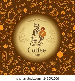 El fondo de los doodles de café y té. Emblema del café. Textura con productos de panadería. 