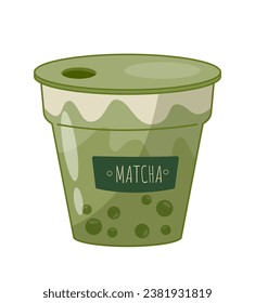 Coffee and tea drink for cafe. Matcha in green plastic cup. Menu for cafe and catering, coffee shop. Beverage and tasty green liquid. Cartoon flat vector illustration isolated on white background
