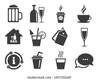Coffee and tea drinks. Discount offer tag, chat, info icon. Cocktail, beer icons. Soft and alcohol drinks symbols. Classic style signs set. Vector