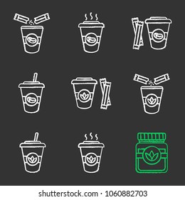 Coffee and tea drinks with sugar chalk icons set. Detox herbs and cocktails. Isolated vector chalkboard illustrations