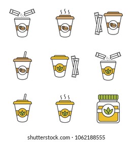 Coffee and tea drinks with sugar color icons set. Detox herbs and cocktails. Isolated vector illustrations