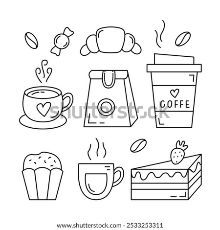 Coffee and Tea Editable Stroke Design Elements. Coffee to Go, Cup, Mug, Muffin, Cake, Croissant Vector Illustration.