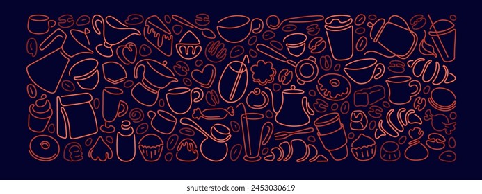 Coffee, tea elements. French press, hot cup, milk pitcher, beans, kettle for breakfast, lunch, dessert, chocolate sweets. Line background for menu, coffee shop, for web design, bakery and cafe