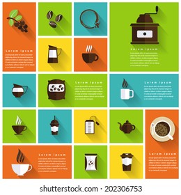 Coffee and Tea flat Icons with long shadow.Vector design