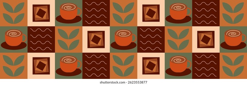 Coffee and tea geometric pattern in Bauhaus style. Abstract print background with simple shapes for coffee shop, food packaging, menu.