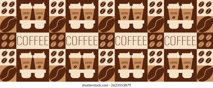 Coffee and tea geometric pattern in Bauhaus style. Abstract print background with simple shapes for coffee shop, food packaging, menu.