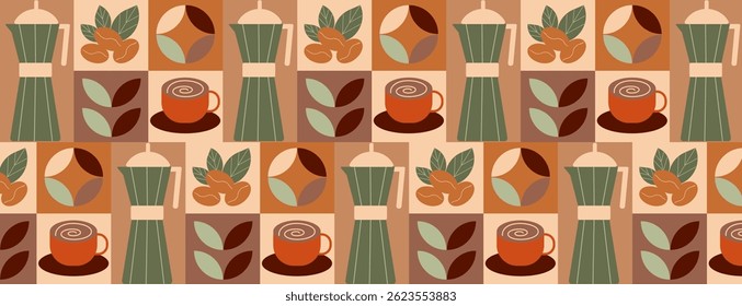 Coffee and tea geometric pattern in Bauhaus style. Abstract print background with simple shapes for coffee shop, food packaging, menu.