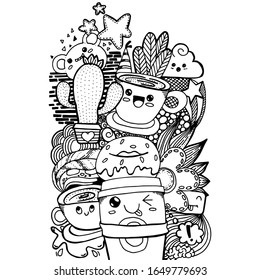 Coffee and tea hand drawn doodle banner. Cartoon detailed flyer. Black and white vector design elements background.