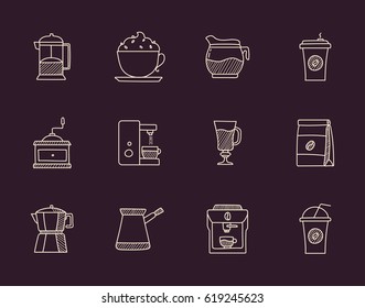 Coffee and tea hand drawn doodle icons set. Collection of hand sketched coffee shop icons. White icons on the brown chocolate colored background. 