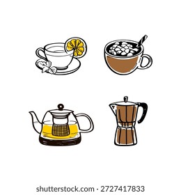 Handgezeichnete Illustrationen zu Kaffee und Tee. Vektor-Icons für Kaffee und Tee