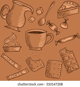 coffee or tea hand vintage sketch pattern or set