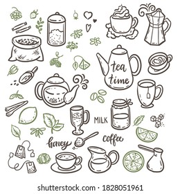 Coffee, Tea, Honey,sugar, Milk Outline Hand Drawn Icons