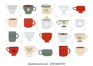 Coffee or tea hot aroma drinks ceramic cup with winter holiday ornamental design elements isolated set vector illustration. Cute trendy crockery with freshly brewed homemade beverage assortment