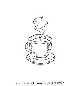 Coffee, tea, or hot chocolate drink in a cup with saucer doodle cartoon vector.