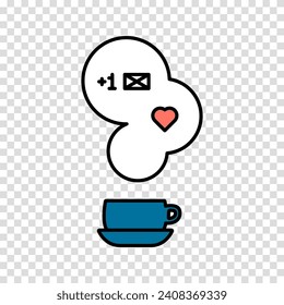 Coffee or tea hot cup icon with steam and new message notification symbol. Vector clipart on a transparent background.
