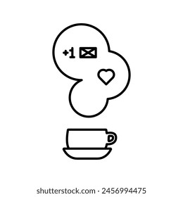 Coffee or tea hot cup icon with steam and new message notification symbol. Vector outline clipart.