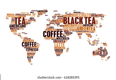 Coffee and tea or hot drinks cloud tags words in world map. Word cloudtags concept of espresso or americano, hot chocolate, cappuccino or irish coffee, breve latte moka and mocha frappe or mocchiato