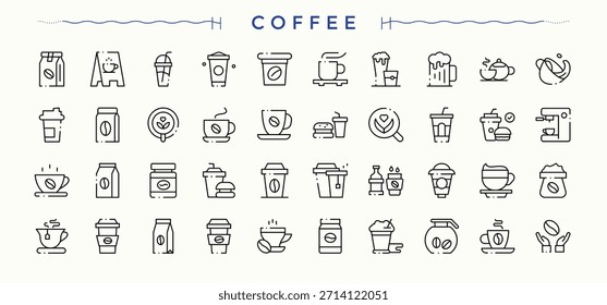 Paquete de iconos de café y té. Colección de iconos modernos. Incluye símbolos de línea delgada, bebida, frijol, espresso, desayuno. Trazo editable. Pixel perfecto. Cafés conjunto de iconos lineales.