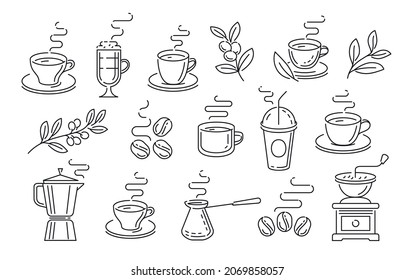 Coffee Tea icon set in graphic linear style. Design elements or restaurant menu, cafe