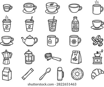 Coffee and Tea Icon Set - Latte, Espresso, Cold Brew, French Press and Coffee Beans Line Vector Icons