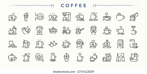 Conjunto de iconos de café y té. Iconos de vector de línea simple. Conjunto de iconos de línea de té. Contiene símbolos lineales de bebidas, frijoles, cafés, hojas, desayuno y más.