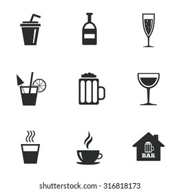 Coffee, tea icons. Beer, wine and cocktail signs. Soft and alcohol drinks symbols. Flat icons on white. Vector