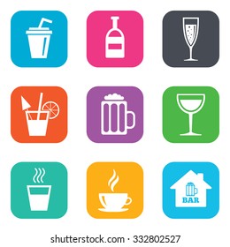 Coffee, tea icons. Beer, wine and cocktail signs. Soft and alcohol drinks symbols. Flat square buttons. Vector