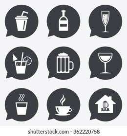 Coffee, tea icons. Beer, wine and cocktail signs. Soft and alcohol drinks symbols. Flat icons in speech bubble pointers.