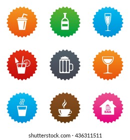 Coffee, tea icons. Beer, wine and cocktail signs. Soft and alcohol drinks symbols. Stars label button with flat icons. Vector