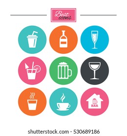 Coffee, tea icons. Beer, wine and cocktail signs. Soft and alcohol drinks symbols. Colorful flat buttons with icons. Vector