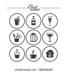 Coffee, tea icons. Beer, wine and cocktail signs. Soft and alcohol drinks symbols. Classic simple flat icons. Vector
