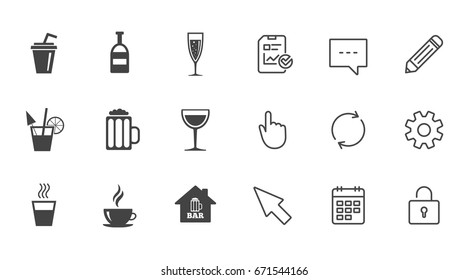 Coffee, tea icons. Beer, wine and cocktail signs. Soft and alcohol drinks symbols. Chat, Report and Calendar line signs. Service, Pencil and Locker icons. Click, Rotation and Cursor. Vector