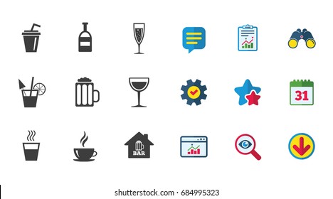 Coffee, tea icons. Beer, wine and cocktail signs. Soft and alcohol drinks symbols. Calendar, Report and Download signs. Stars, Service and Search icons. Statistics, Binoculars and Chat. Vector