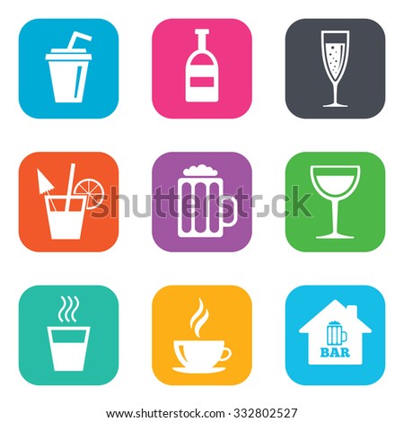Coffee, tea icons. Beer, wine and cocktail signs. Soft and alcohol drinks symbols. Flat square buttons. Vector