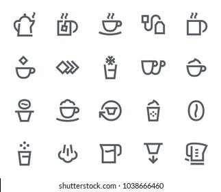 Coffee and Tea icons in bold outline style. Contains icons like Coffee Cup, Latte Macchiato and Water Cooker. These vector icons will look great in any user interface design. Pixel perfect at 64x64.