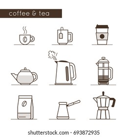 Coffee and tea icons collection. Flat line style vector illustration.