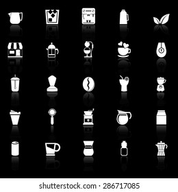 Coffee and tea icons with reflect on black background, stock vector