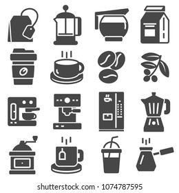 Coffee and Tea icons. Set of Cappuccino, Juice with ice and Latte signs