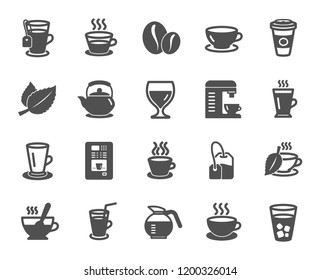 Coffee and Tea icons. Set of Cappuccino, Juice with ice and Latte signs. Teapot, Coffeepot and Hot drink with Steam icons. Mint leaf, Herbal beverage and Coffee vending symbols. Quality design element