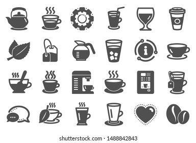 Coffee and Tea icons. Set of Cappuccino, Juice with ice and Latte signs. Teapot, Coffeepot and Hot drink with Steam icons. Mint leaf, Herbal beverage and Coffee vending symbols. Quality set. Vector