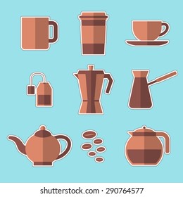 Coffee and Tea Icons Set, flat design, vector illustration