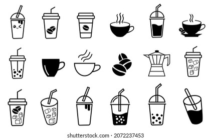 Coffee And Tea Icons Set. Isolated On White Background. Illustration On Cup Coffee And Tea Hot And Cold Drink. Vector 