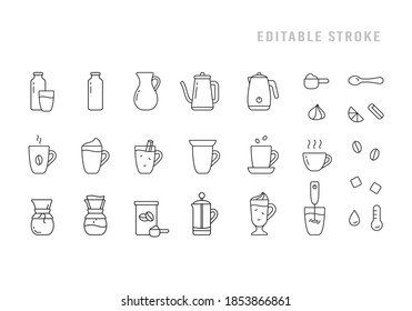 Iconos de café o té. Pictogramas para la preparación de bebidas calientes caseras. Leche, crema, taza, tetera, hervidor, vidrio, prensa francesa, látigo. emblema de trazo modificable lineal negro. Vector aislado de contorno