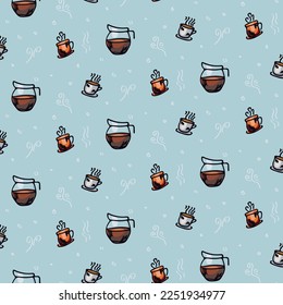 Kaffee- und Teebild in angenehmen Farben. Handgezeichnetes Muster mit umrissenen Kanten. Design für Papier, Web, Cover, Stoff, T-Shirt, Poster, Druck, Kunstwerke usw.