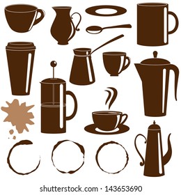 Coffee and tea items silhouettes collection