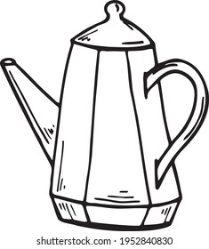 Coffee or tea kettle hand drawn vector doodle illustration. Cartoon teapot. Isolated on white background. Coffee time. Hand drawn simple element