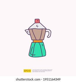 coffee or tea kettle jug or maker for cafe concept vector illustration. hand drawing doodle fill color icon sign symbol